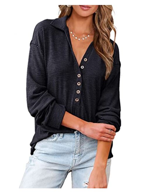 BTFBM Women Casual Button Down V Neck Blouses Long Sleeve Solid Color Stand Collar Knitted Fall Tops Cute Relaxed Fit Shirts