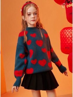 Winter Thickened Double-Layer Love Patterned Off-The-Shoulder Sweater For Tween Girls