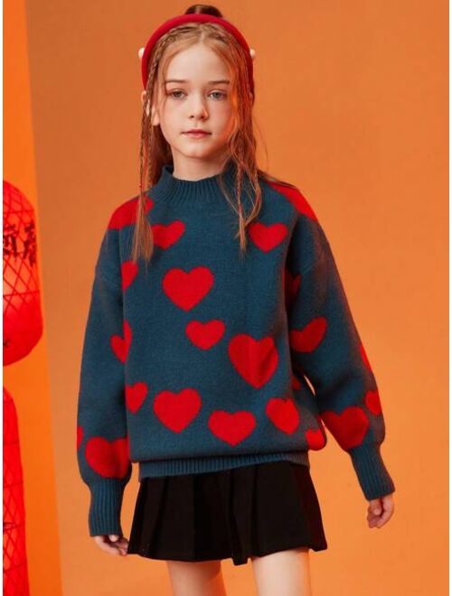 Shein Winter Thickened Double-Layer Love Patterned Off-The-Shoulder Sweater For Tween Girls