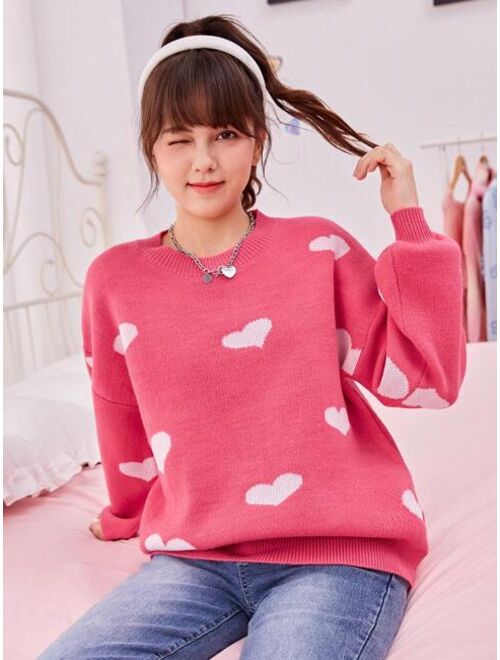 SHEIN Teen Girl Heart Pattern Drop Shoulder Sweater