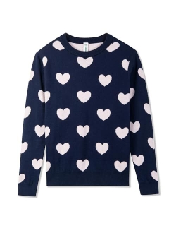 BOBOYOYO Girls Sweaters 100% Cotton Kids Heart Sweater Valentine Holiday Pullover Teen Clothes Winter Crew Neck Knit Top