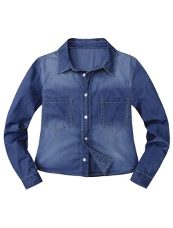 luvamia 2023 Denim Shirt Women Cropped Button Down Shirts Jean Blouse Lightweight Shacket Cowgirl Outfit Y2K