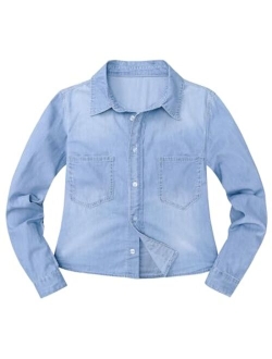 luvamia 2023 Denim Shirt Women Cropped Button Down Shirts Jean Blouse Lightweight Shacket Cowgirl Outfit Y2K