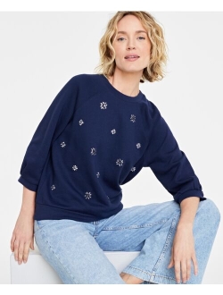 ON 34TH Women's Embellished Elbow-Sleeve Sweatshirt, Created for Macy's