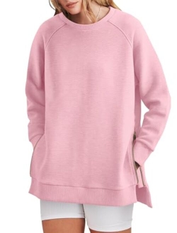 Women's Sweatshirts Long Sleeve Tunic Tops Crew Neck Soft Pullover With Side Zipper Shirt Clothes 2023