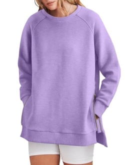 Women's Sweatshirts Long Sleeve Tunic Tops Crew Neck Soft Pullover With Side Zipper Shirt Clothes 2023