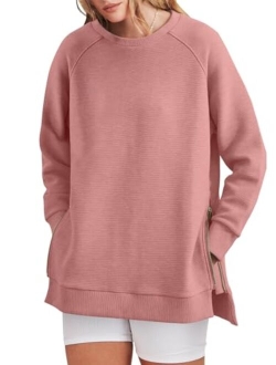 Women's Sweatshirts Long Sleeve Tunic Tops Crew Neck Soft Pullover With Side Zipper Shirt Clothes 2023