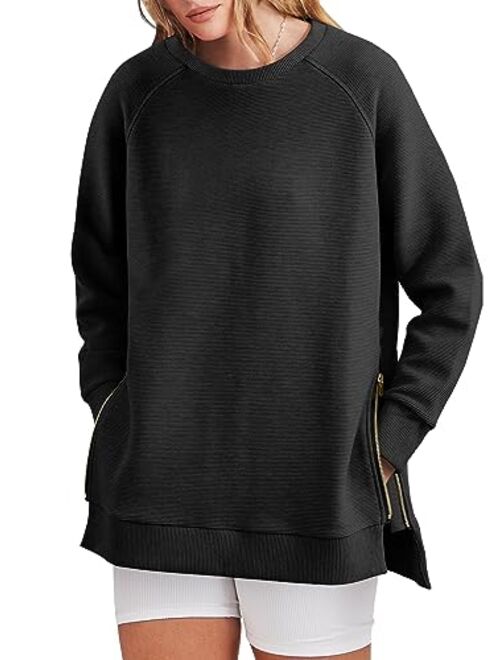 ANRABESS Women's Sweatshirts Long Sleeve Tunic Tops Crew Neck Soft Pullover With Side Zipper Shirt Clothes 2023