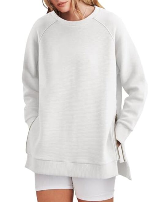 ANRABESS Women's Sweatshirts Long Sleeve Tunic Tops Crew Neck Soft Pullover With Side Zipper Shirt Clothes 2023