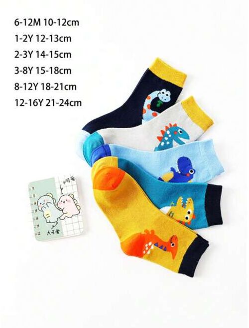 Shein 5pairs Little Dinosaur Design Anti-odor Mid-season Breathable Boys' Socks