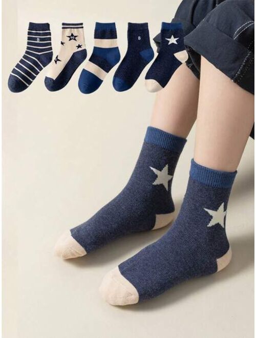 Shein 5pairs Children's Boys' Star Design Dark Colored Striped Socks For Autumn And Winter