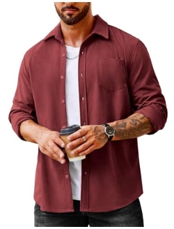 Men's Waffle Button Down Shirts Casual Long Sleeve Shacket Jacket with Pockets