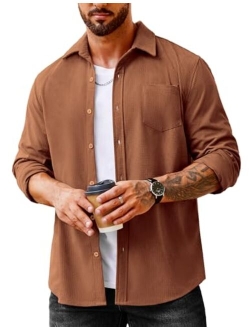 Men's Waffle Button Down Shirts Casual Long Sleeve Shacket Jacket with Pockets