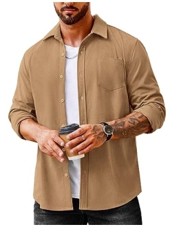 Men's Waffle Button Down Shirts Casual Long Sleeve Shacket Jacket with Pockets