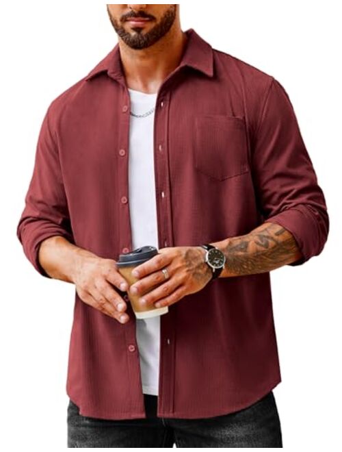 COOFANDY Men's Waffle Button Down Shirts Casual Long Sleeve Shacket Jacket with Pockets