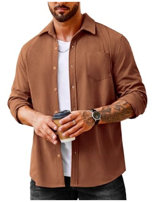 COOFANDY Men's Waffle Button Down Shirts Casual Long Sleeve Shacket Jacket with Pockets