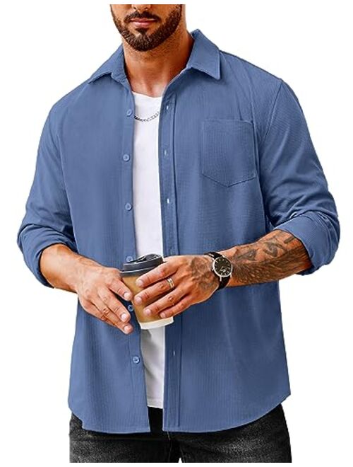 COOFANDY Men's Waffle Button Down Shirts Casual Long Sleeve Shacket Jacket with Pockets