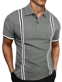 JMIERR Mens Polo Shirts Casual Stripe Classic Button Shirts Cotton Pique Short Sleeve Golf T Shirt