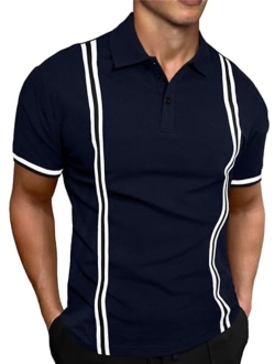 JMIERR Mens Polo Shirts Casual Stripe Classic Button Shirts Cotton Pique Short Sleeve Golf T Shirt