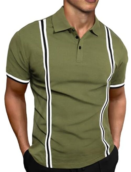 JMIERR Mens Polo Shirts Casual Stripe Classic Button Shirts Cotton Pique Short Sleeve Golf T Shirt