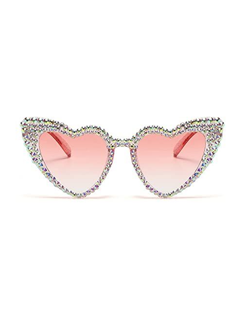 mincl Cute Women Heart Sunglasses Fashion Shiny Bling Diamond Sunglasses Polygonal Pink Rhinestone Sunglasses UV Protection