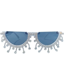 mincl Colorful Diamond Fashion Half Moon Frame Sunglasses for Women Cat Eye Bling Rhinestone Sun Glasses Ladies Party Eyewear