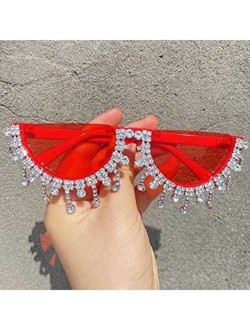 mincl Colorful Diamond Fashion Half Moon Frame Sunglasses for Women Cat Eye Bling Rhinestone Sun Glasses Ladies Party Eyewear