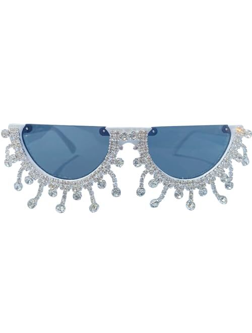 mincl Colorful Diamond Fashion Half Moon Frame Sunglasses for Women Cat Eye Bling Rhinestone Sun Glasses Ladies Party Eyewear