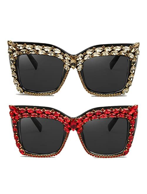 willochra Oversized Diamond Sunglasses Women Rhinestone Cat Eye Sunglasses Vintage bling party sunglasses Eyewear