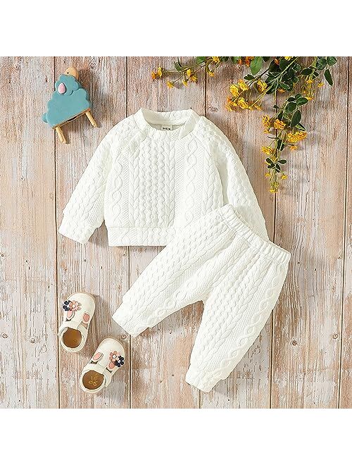 VISGOGO Baby 2Pcs Fall Outfits Long Sleeve Cable Knit Pullover Tops Pants Set Newborn Warm Clothes