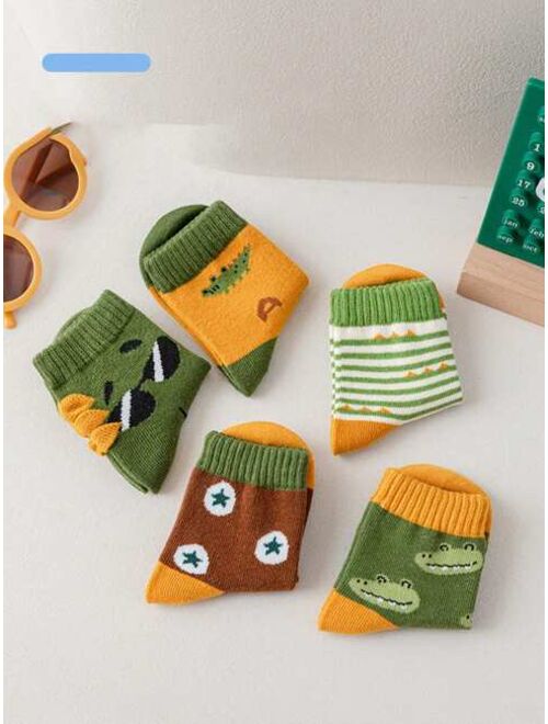 Shein 5pairs Children's Crocodile Pattern Mid-calf Socks, Comfortable And Skin-friendly, Suitable For Boys And Girls (ages 3-12), Autumn And Winter