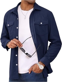 Men's Corduroy Jackets Long Sleeve Casual Ribbed Shacket Button-Up Lightweight Jacket with Chest Flap Pocket