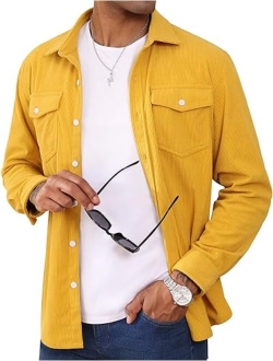 Men's Corduroy Jackets Long Sleeve Casual Ribbed Shacket Button-Up Lightweight Jacket with Chest Flap Pocket