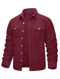 KEFITEVD Men's Corduroy Shirts Long Sleeve Casual Shacket Button Down Lightweight Jacket with Flap Pocket