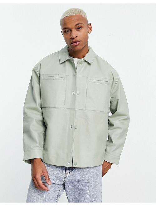 ASOS DESIGN oversized real leather shacket in sage green