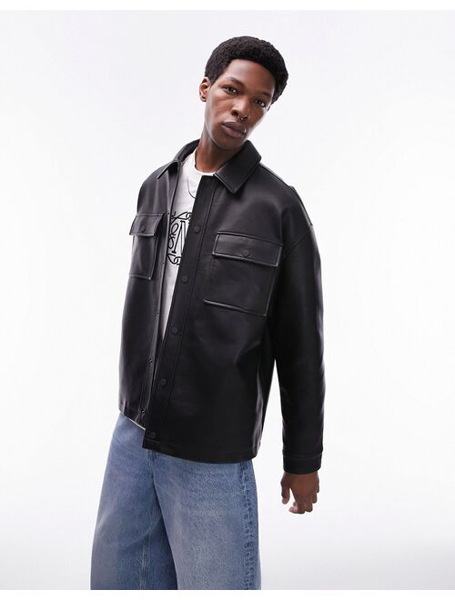 Topman faux leather shacket in black