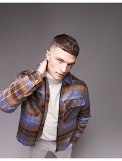 wool blend shacket in blue and brown check