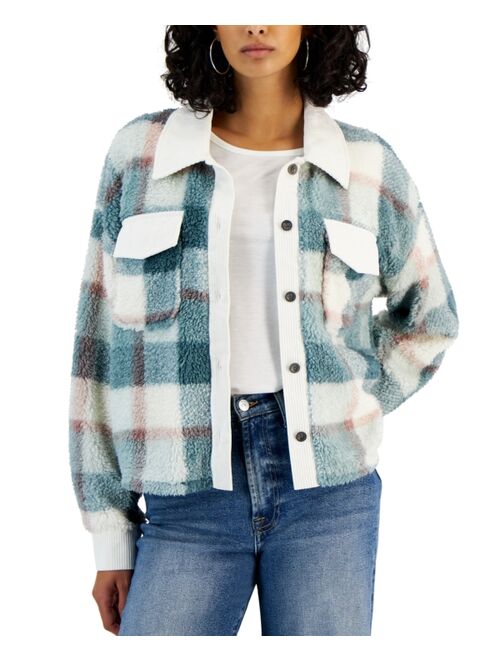 Hippie Rose Juniors' Corduroy-Trimmed Sherpa Shacket