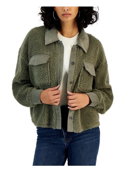 Hippie Rose Juniors' Corduroy-Trimmed Sherpa Shacket