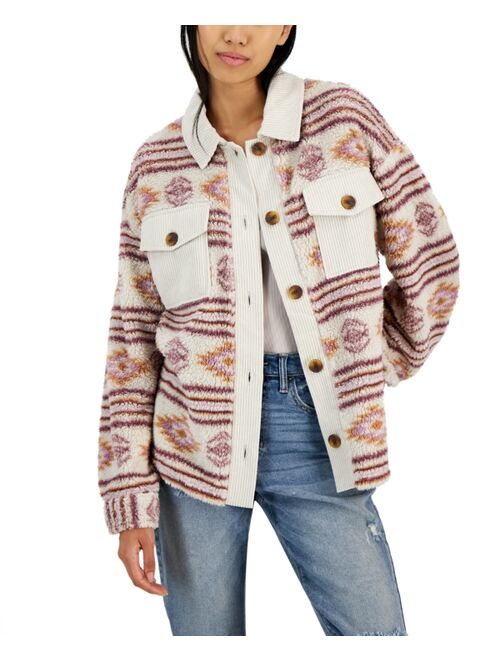 Hippie Rose Juniors' Corduroy-Trim Sherpa Button-Up Shacket