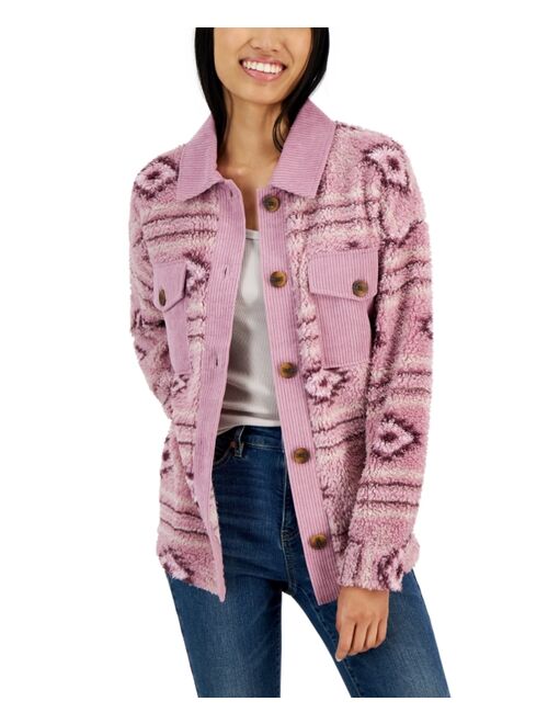 Hippie Rose Juniors' Corduroy-Trim Sherpa Button-Up Shacket