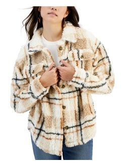 Crave Fame Juniors' Plaid Button-Front Faux-Sherpa Shacket