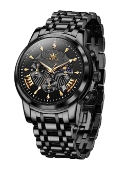 Men's Luxury Watch Waterproof Luminous Easy Read Chronograph Watches Full Gold/White Dail/Black Face with Calendar Wristwatch