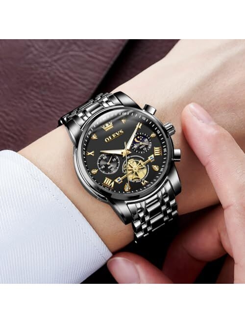 OLEVS Mens Watches Luxury Business Stainless Steel Chronograph Moon Phase Waterproof Date Analog Quartz Dress Watches for Men,Silver/Blue/Black/Gold Dial