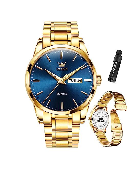 OLEVS Mens Watches Luxury Business Stainless Steel Chronograph Moon Phase Waterproof Date Analog Quartz Dress Watches for Men,Silver/Blue/Black/Gold Dial