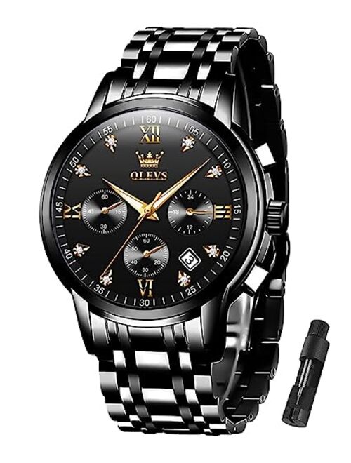 OLEVS Mens Watches Luxury Business Stainless Steel Chronograph Moon Phase Waterproof Date Analog Quartz Dress Watches for Men,Silver/Blue/Black/Gold Dial