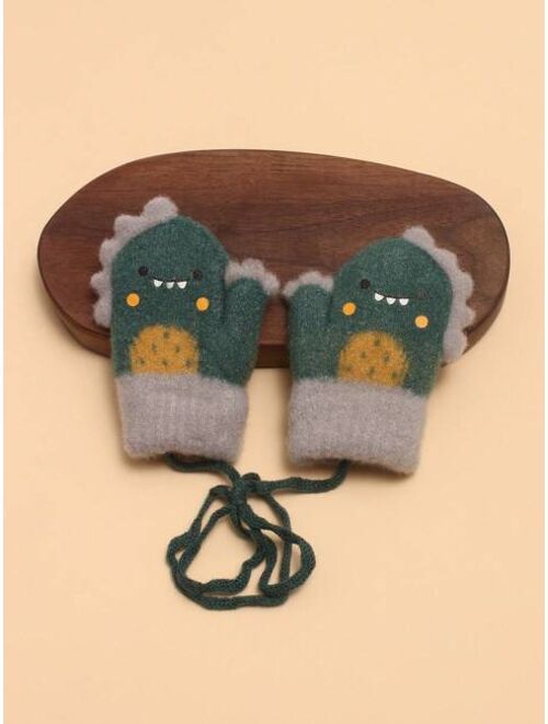 1pair Gray Plush Dinosaur Themed Baby Mittens With Mitten Clips For Winter Warmth