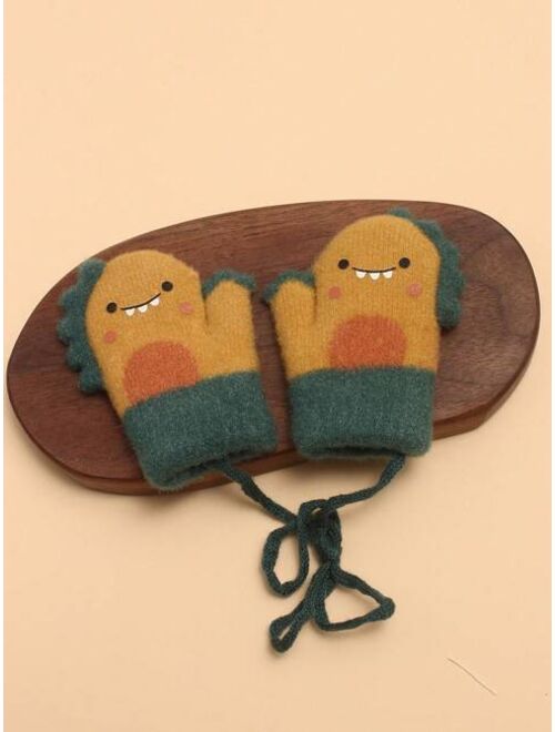 1pair Gray Plush Dinosaur Themed Baby Mittens With Mitten Clips For Winter Warmth