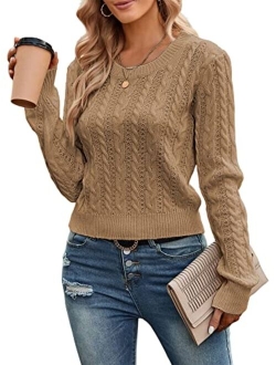 Women's Cable Cropped Sweater Long Sleeve Crewneck Pullover Knit Jumper Top