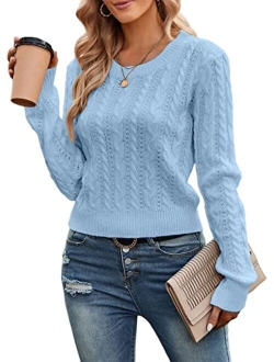 Women's Cable Cropped Sweater Long Sleeve Crewneck Pullover Knit Jumper Top